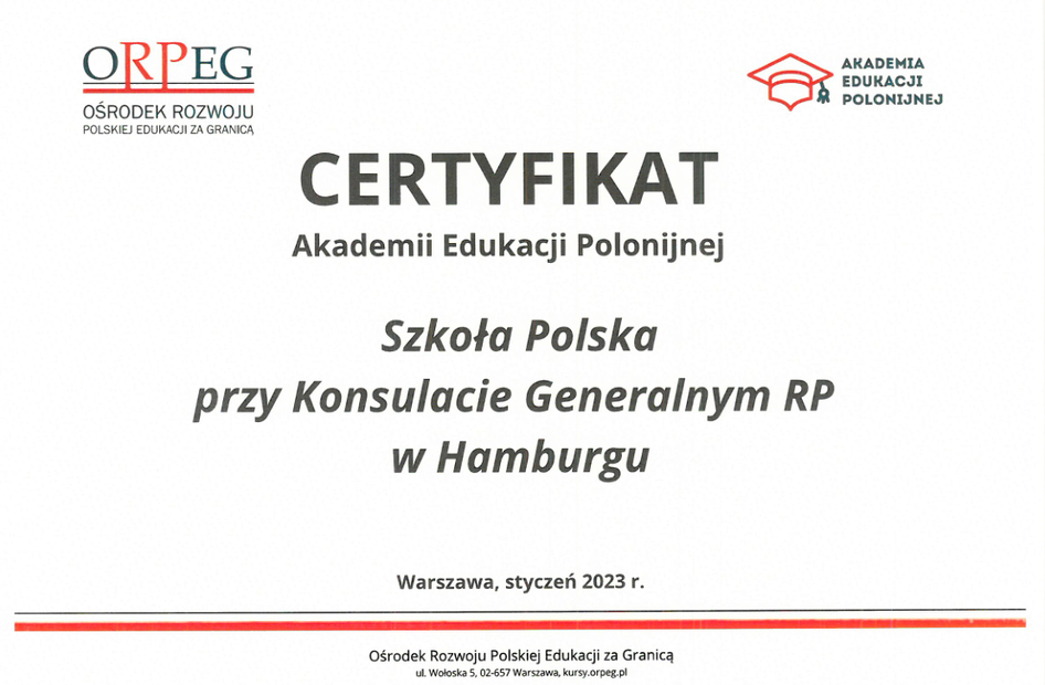 Certyfikat Akademii Edukacji Polonijnej